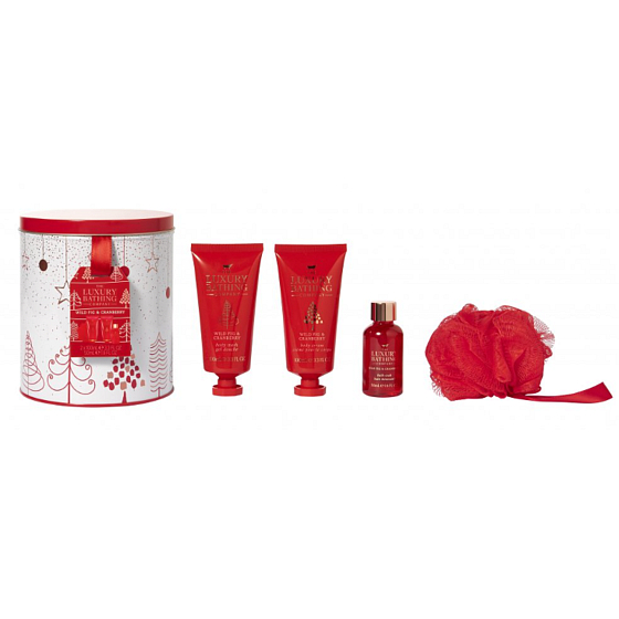 Grace Cole Dzikie figi & Żurawina żel pod prysznic 100 ml + krem do ciała 100 ml + pianka do kąpieli 50 ml + gąbka do kąpieli + puszka, zestaw kosmetyków dla kobiet