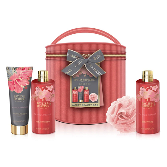 Baylis & Harding Boudoire Tropical Paradise krem pod prysznic 300 ml + kremowa piana do kąpieli 300 ml + mleczko do ciała 200 ml + gąbka do ciała, zestaw kosmetyczny dla kobiet
