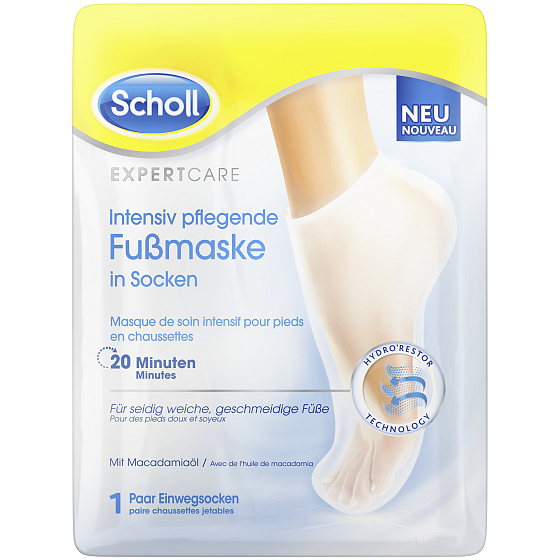Scholl PediMask Expert Care 20 minutová vyživující maska na nohy s makadamovým olejem, 1 pár navlékacích ponožek