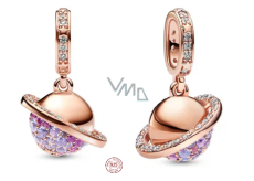 Charm Sterlingové stříbro 925 Mini medailon Planeta Saturn růžová, přívěsek na náramek vesmír