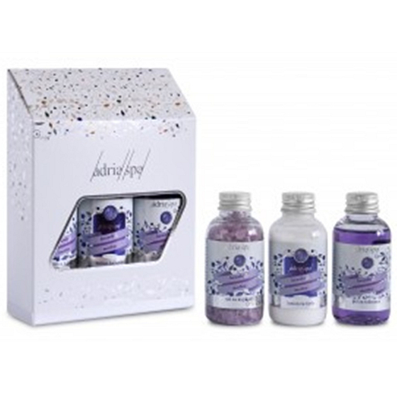 Adria Spa Lavender & Olive Výživný sprchový gel 50 ml + sůl do koupele 50 ml + tělové mléko 50 ml, Cestovní mini sada