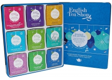 English Tea Shop Bio Modré ozdoby Černý čaj + čokoláda, třešeň a kokosem + Marocké koření + Štiplavá broskev + Máta a meloun + Bílá kůra máty + Kokosový Chai + Sladký šípek se skořicí + Jablko, skořice a Earl Grey + Cukroví, 72 kusů čajů, 9 příchutí 108 g, dárková sada v plechové dóze