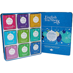 English Tea Shop Bio Modré ozdoby Černý čaj + čokoláda, třešeň a kokosem + Marocké koření + Štiplavá broskev + Máta a meloun + Bílá kůra máty + Kokosový Chai + Sladký šípek se skořicí + Jablko, skořice a Earl Grey + Cukroví, 72 kusů čajů, 9 příchutí 108 g, dárková sada v plechové dóze