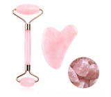 Różowy Gua Sha 5 x 8 cm + wałek masujący 14 x 5,5 cm redukuje zmarszczki, obrzęki, poprawia elastyczność skóry, zestaw bez opakowania