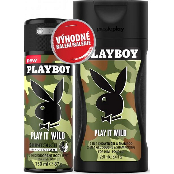 Playboy Play It Wild for Him SkinTouch deodorant sprej pro muže 150 ml + 2v1 sprchový gel a šampon 250 ml, duopack