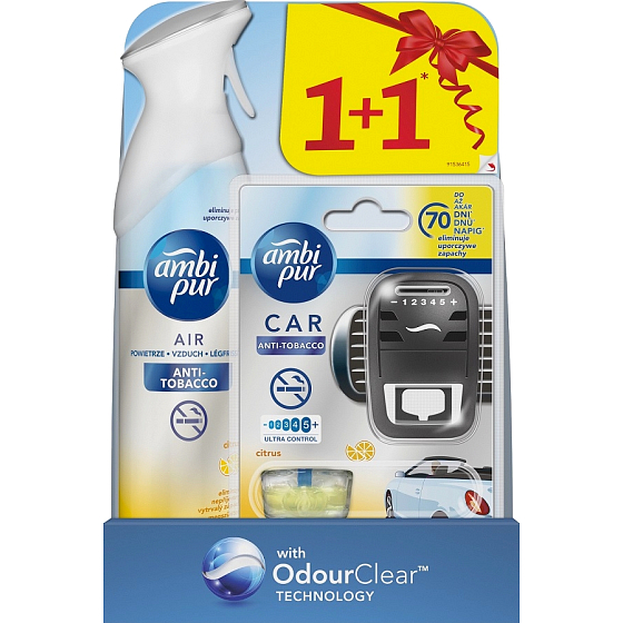 Ambi Pur Car Anti-Tobacco kompletní strojek 7 ml + osvěžovač vzduchu sprej 300 ml, duopack