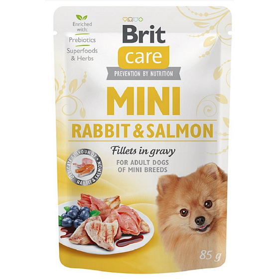 Brit Care Mini Rabbit & Salmon Fillets In Gravy kompletné superprémium karmivo pro dospělé psy mini plemen kapsička 85 g