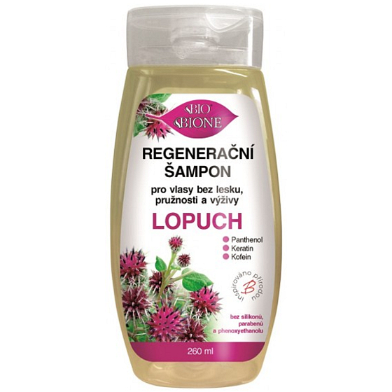 Bione Cosmetics Lopuch regenerační šampon 260 ml – plastová lahvička s pumpičkou a zeleno-bílým designem s motivem lopuchu