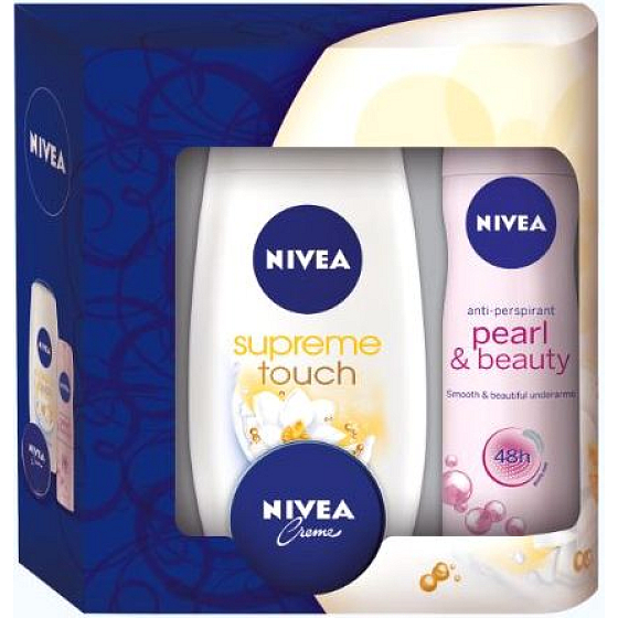 Nivea Pearl antiperspirant sprej 150 ml + Supreme Touch sprchový gel 250 ml + krém 30 ml kosmetická sada pro ženy