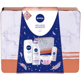 Nivea Wellness Moments Creme Soft sprchový gel 250 ml + zklidňující micelární voda 200 ml + Black & White Clear antiperspirant roll-on 50 ml + Care zklidňující krém 200 ml + plechová krabička, kosmetická sada