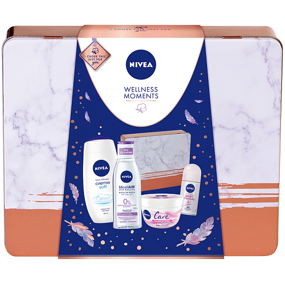 Nivea Wellness Moments Creme Soft sprchový gel 250 ml + zklidňující micelární voda 200 ml + Black & White Clear antiperspirant roll-on 50 ml + Care zklidňující krém 200 ml + plechová krabička, kosmetická sada