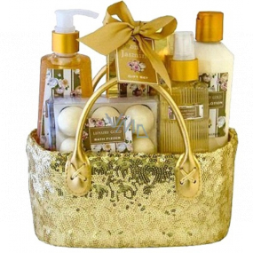 Salsa Collection Luxury Gold sprchový gel 200 ml + tělové mléko 270 ml + tělový sprej 120 ml + šumivá koule do koupele 6 x 15 g + sůl do koupele 200 g + zlatá taška, kosmetická sada Salsa Collection Luxury Gold sprchový gel 200 ml + tělové mléko 270 ml + tělový sprej 120 ml + šumivá koule do koupele 6 x 15 g + sůl do koupele 200 g + zlatá taška, kosmetická sada