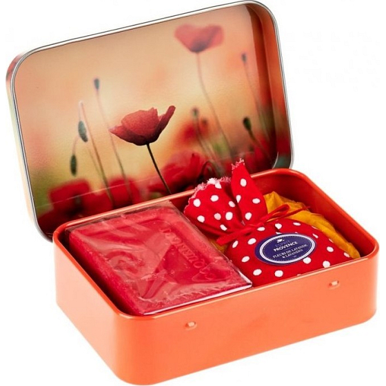 Esprit Provence Levandule toaletní mýdlo 60 g + levandulový vonný pytlík + plechová krabička s obrázkem vlčího máku, kosmetická sada pro ženy
