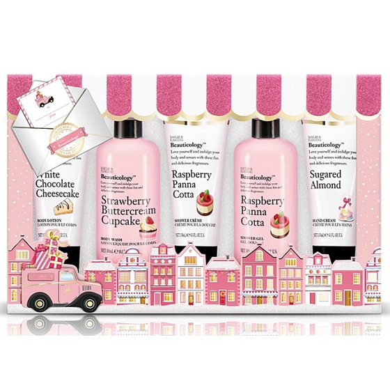 Baylis & Harding Jahodový cupcake tekuté tělové mýdlo 30 ml + Malinová panna cotta sprchový krém 130 ml + Malinová panna cotta sprchový gel 300 ml + Cheesecake z bílé čokolády tělové mléko 130 ml + Cukrová mandle krém na ruce 130 ml, kosmetická sada