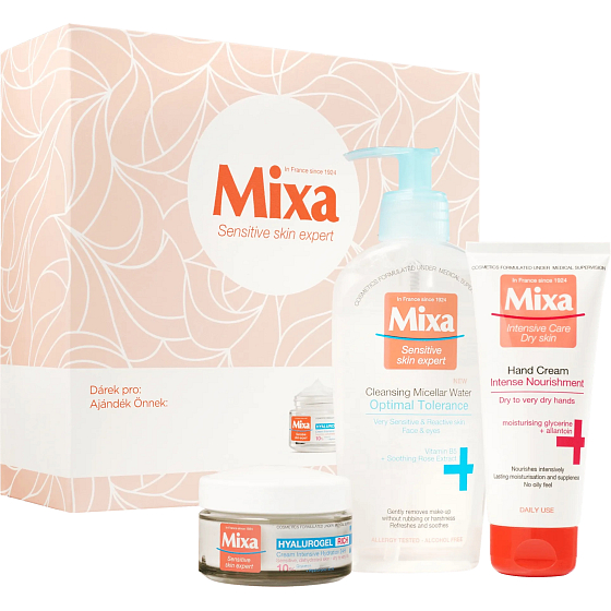 Mixa Hyalurogel Rich intenzivně hydratační denní krém s kyselinou hyaluronovou 50 ml + Optimal Tolerance micelární voda 200 ml + Intense Nourishment vyživující krém na ruce 100 ml, kosmetická sada pro ženy