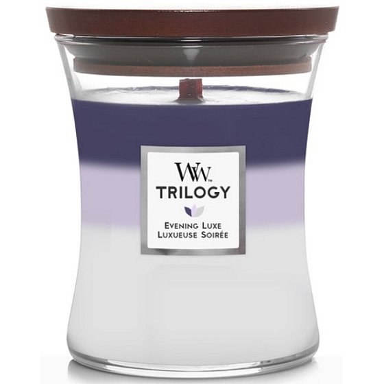 WoodWick Trilogy Evening Luxe - Večerní luxus vonná svíčka s dřevěným knotem a víčkem sklo střední 275 g
