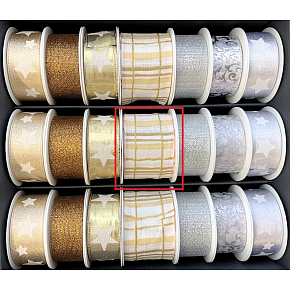 Nekupto Wstążka materiałowa świąteczna Biała z brązowymi i złotymi paskami 40 mm x 2 m