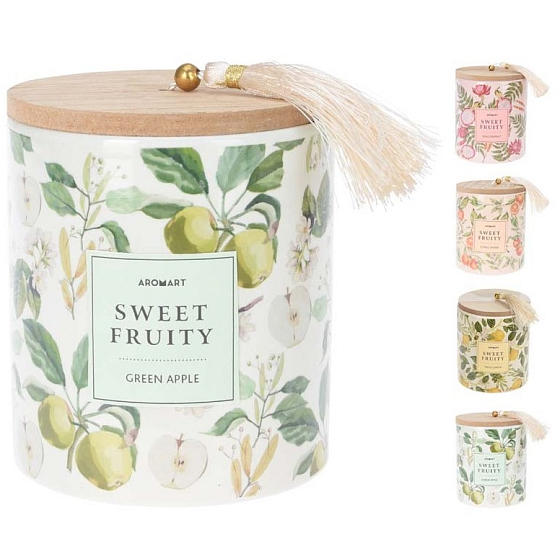 Emocio Sweet Fruit vonná svíčka v keramice s dřevěným víčkem 90 x 117 mm různé motivy