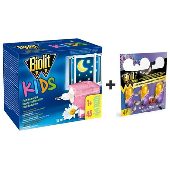 Biolit Kids Elektrický odpařovač a tekutá náplň 45 nocí proti komárům 35 ml + Biolit Plus M gel s vůní levandule háčky proti molům a roztočům 3 kusy