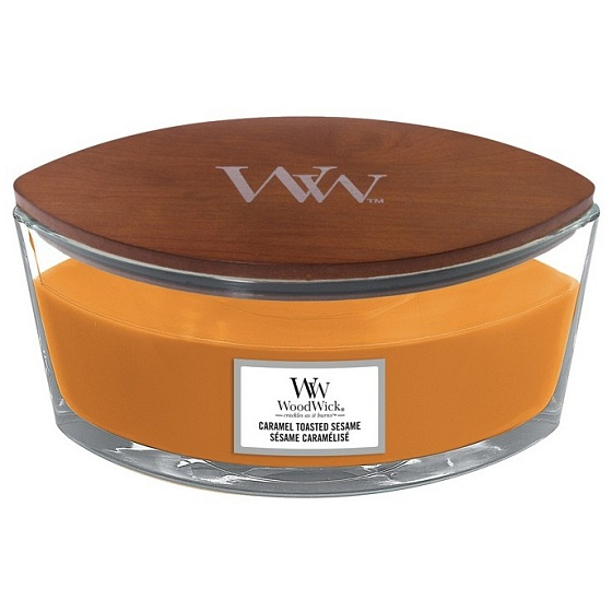 WoodWick Caramel Toasted Sesame - Sezamové sušenky s karamelem vonná svíčka s dřevěným knotem a víčkem sklo loď 453 g
