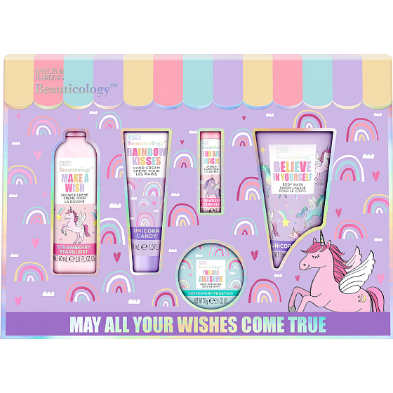 Baylis & Harding Jednorožec mycí gel 50 ml + sprchový krém 60 ml + balzám na rty 5 g + krém na ruce 30 ml + krystalky do koupele 70 g, kosmetická sada pro ženy
