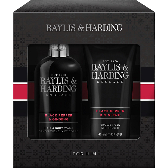 Baylis & Harding Men Černý pepř a Ženšen mycí gel na tělo a vlasy 300 ml + sprchový gel 200 ml, kosmetická sada