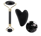 Obsidian Gua Sha 5 x 8 cm + wałek masujący 14 x 5,5 cm redukuje zmarszczki, obrzęki, poprawia elastyczność skóry, zestaw bez opakowania