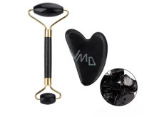 Obsidian Gua Sha 5 x 8 cm + wałek masujący 14 x 5,5 cm redukuje zmarszczki, obrzęki, poprawia elastyczność skóry, zestaw bez opakowania