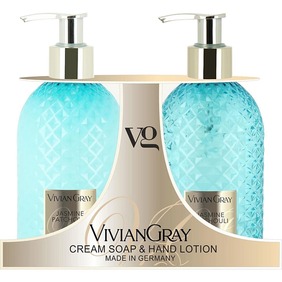Vivian Gray Jaśmin i Paczuli luksusowe płynne mydło z dozownikiem 300 ml + luksusowe mleczko do rąk z dozownikiem 300 ml, zestaw kosmetyków