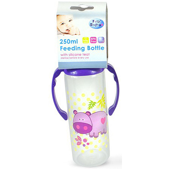 First Steps Jungle 0+ kojenecká láhev s úchopy Hroch 250 ml