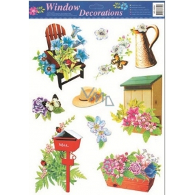 Okenní fólie bez lepidla zahrada židle s květy 42 x 30 cm