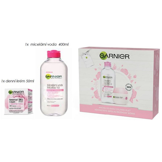 Garnier Botanical Cream s růžovou vodou krém pro suchou a citlivou pleť 50 ml + micelární voda 3v1 pro citlivou pleť 400 ml, kosmetická sada