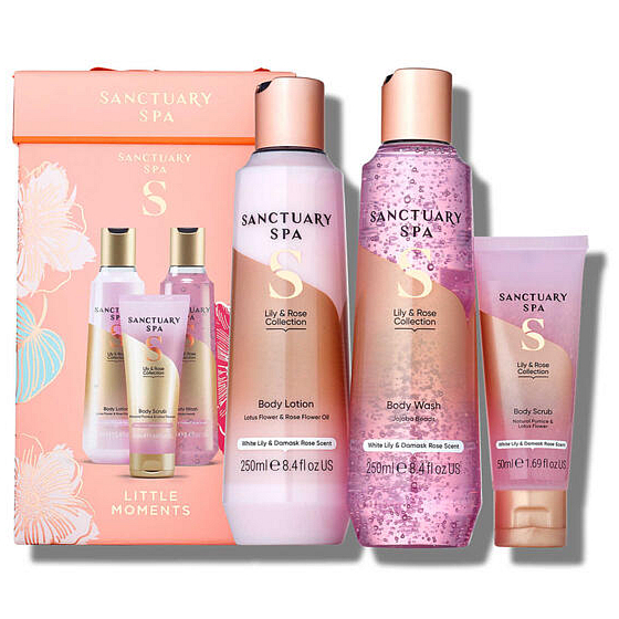 Sanctuary Spa Little Moments Lilie a růže tělové mléko 250 ml + sprchový gel 250 ml + tělový peeling 50 ml, kosmetická sada pro ženy