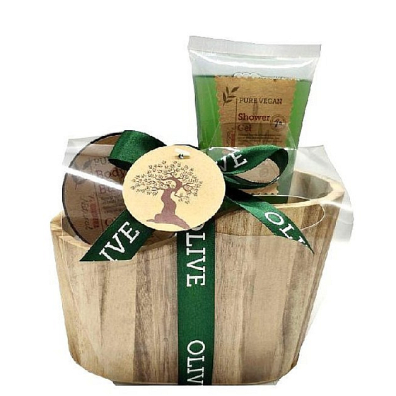 Salsa Collection Natural Oliva sprchový gel 120 ml + tělové máslo 50 ml, 2 dílný dřevěná vana