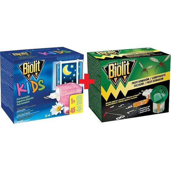 Biolit Elektrický odpařovač s časovačem a náplň 45 nocí proti komárům 35 ml + Biolit Kids Elektrický odpařovač a tekutá náplň 45 nocí proti komárům 35 ml