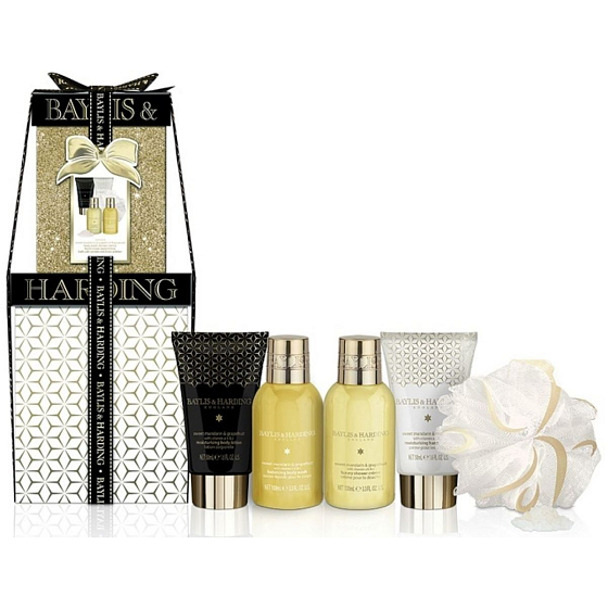 Baylis & Harding Mandarinka a Grapefruit sprchový gel 100 ml + sprchový krém 100 ml + tělové mléko 50 ml + krém na ruce 50 ml + krystalky do koupele 25 g + masážní houbička, kosmetická sada