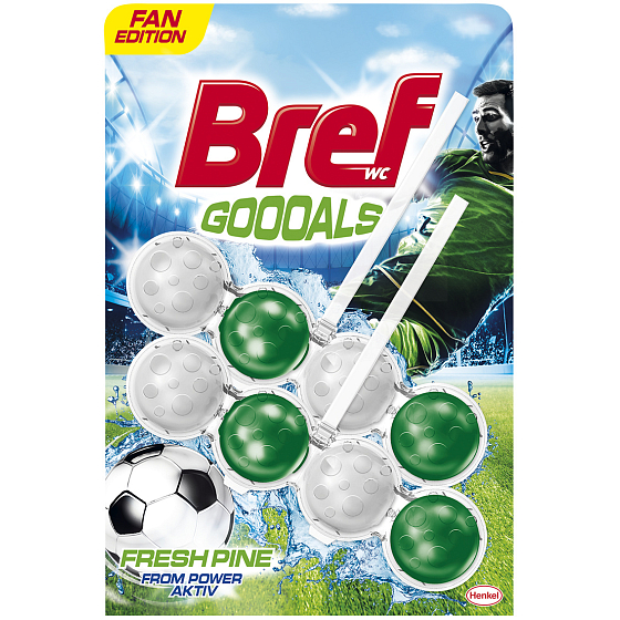 Bref Power Aktiv Goooals Fresh Pine WC blok pro hygienickou čistotu a svěžest Vaší toalety, zbarvuje vodu 2 x 50 g