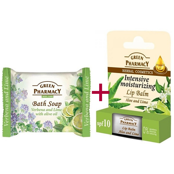 Green Pharmacy Aloe Vera a Limetka balzám na rty 2 x 3,6 g + Verbena a Limetka s olivovým olejem toaletní mýdlo 100 g, kosmetická sada