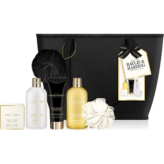 Baylis & Harding Sladká mandarinka a Grapefruit koupelové mléko 300 ml + mycí gel 300 ml + toaletní mýdlo 150 g + tělové mléko 130 ml + žínka + kabelka, kosmetická sada