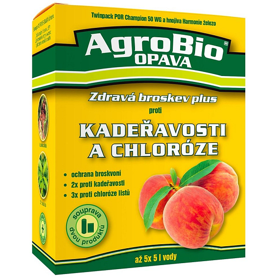 AgroBio Zdravá broskev Plus Champion 50 WG 2 x 20 g + Harmonie Železo 30 ml pro ošetření broskvoní proti kadeřavosti a chloróze listů, souprava dvou produktů 22090106+0034, 9/2026