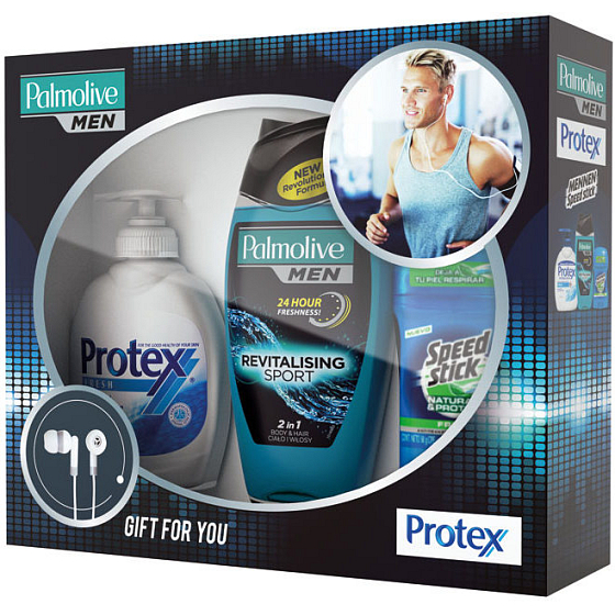 Palmolive Men Revitalizing sprchový gel 250 ml + Protex Fresh tekuté mýdlo 200 ml + Mennen Speed Stick Naturals & Protect stick 50 g + sluchátka, kosmetická sada
