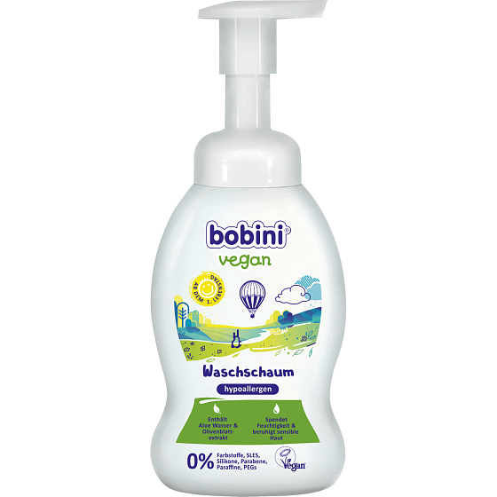 Bobini Vegan hypoalergenní mycí pěna na olbičej, tělo i ruce pro děti od 1. dne narození dávkovač 300 ml