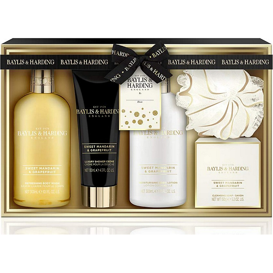 Baylis & Harding Sladká mandarinka a Grapefruit mycí gel 300 ml + tělové mléko 300 ml + toaletní mýdlo 150 g + sprchový krém 130 ml + žínka, kosmetická sada