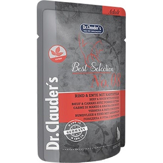 Dr. Clauders Best Selection No. 8 Hovězí a kachní maso s bramborem kompletní krmivo s kousky masa pro kočky kapsička 85 g