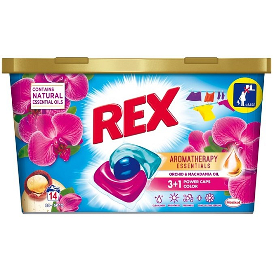 Rex 3 + 1 Power Caps Aromatherapy Orchid & Macadamia Oil kapsle na praní na barevné a tmavé prádlo 14 dávek 182 g