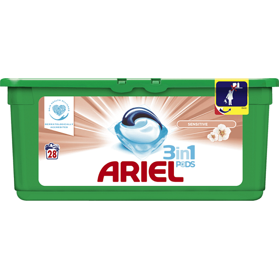 Ariel 3v1 Sensitive gelové kapsle na praní prádla 28 kusů 744,8 g