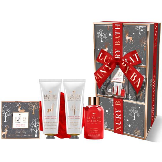 Grace Cole Toasted Praline & Sweet Vanilla mycí gel 50 ml + perličky do koupele 80 g + krém na ruce a nehty 50 ml + tělový krém 50 ml + mycí houba, kosmetická sada pro ženy