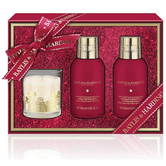 Baylis & Harding Fík a Granátové jablko tekuté tělové mýdlo 100 ml + méko na tělo a ruce 100 ml + vonná svíčka 60 g, kosmetická sada