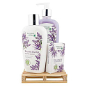 Bohemia Gifts Botanica Lawenda płynne mydło 300 ml + mleczko do ciała 250 ml + mydło stałe 100 g, drewniana paleta kosmetyczna zestaw