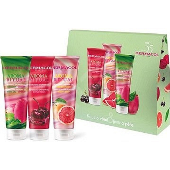 Dermacol Aroma Ritual Černá třešeň sprchový gel 250 ml + Růžový grapefruit sprchový gel 250 ml + Zelený čaj a Opuncie sprchový gel 250 ml, kosmetická sada